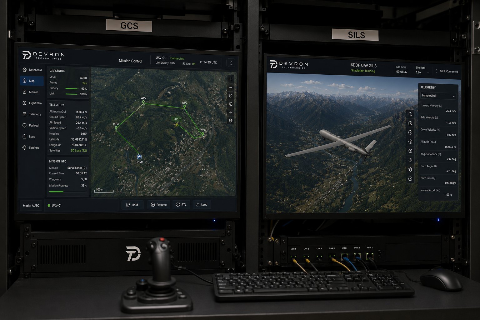 Devron ground control station mission map alongside a 6DOF UAV software-in-the-loop simulator with live telemetry