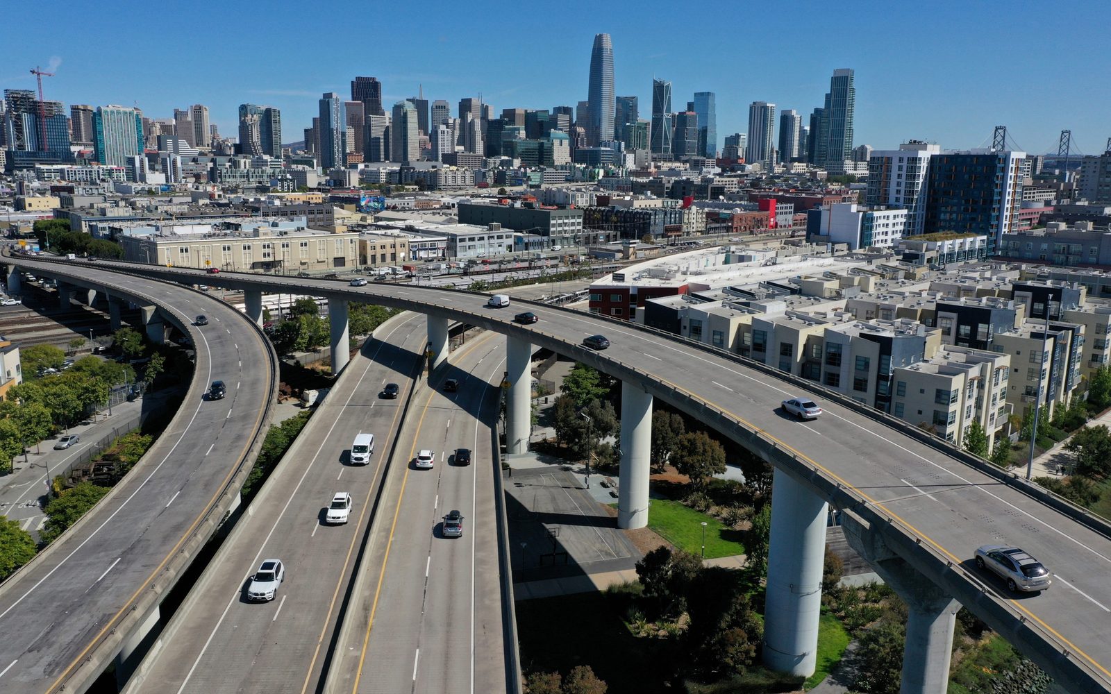 Real aerial photograph of a multi-lane highway used for Devron's vehicle speed detection case study