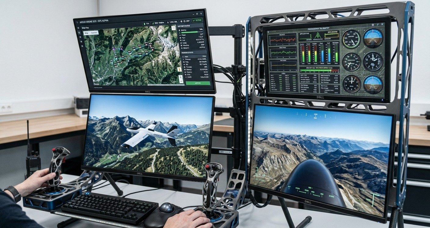 Devron 6DOF UAV simulator rig with mission map, cockpit view, and dual flight control joysticks